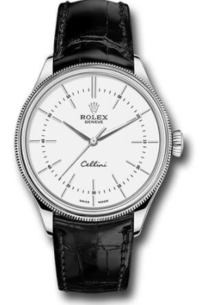 Replica Rolex Cellini Time Watch 50509 White Gold White Dial Black Leather Strap